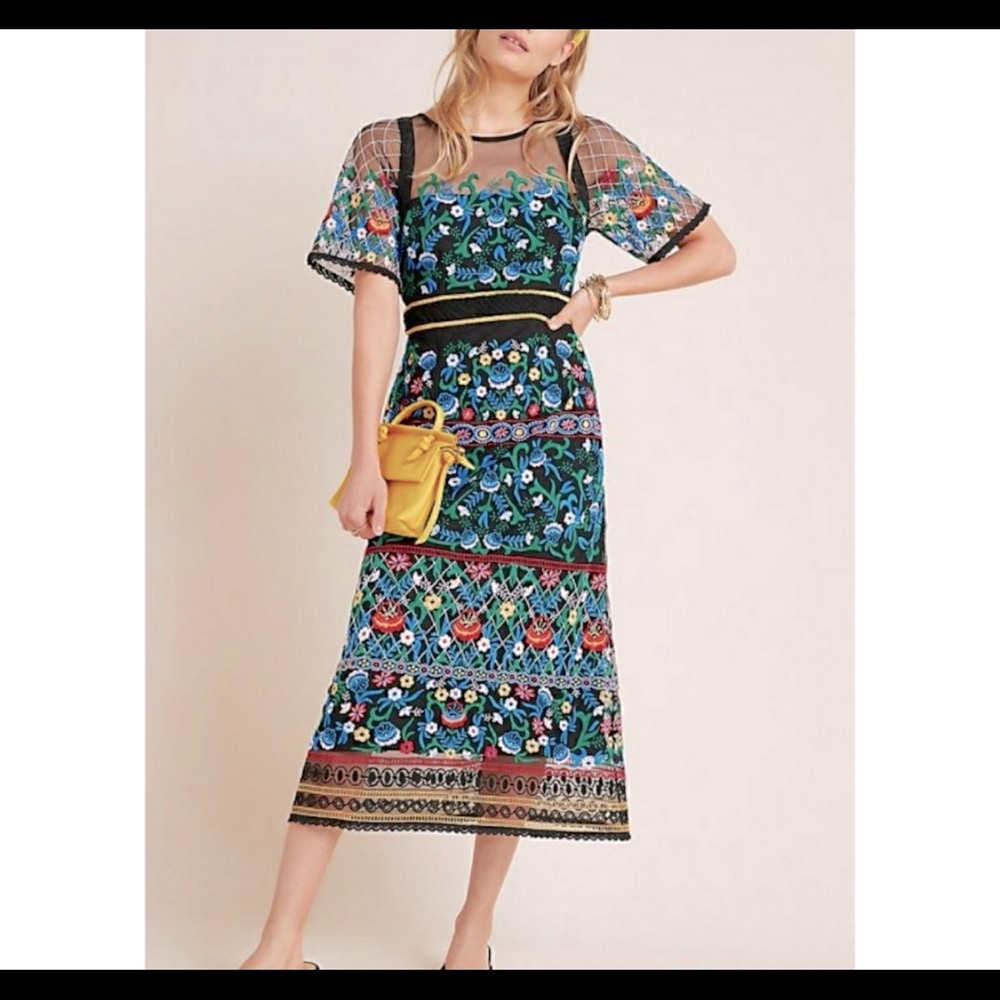 Anthropologie black dress with Esther embroidered